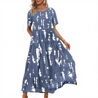 Robe longue bohème décontractée pour femme, col en V, manches courtes, à volants, coupe trapèze, imprimée, longueur ras du sol, en Spandex/Polyester, avec ceinture, ODM