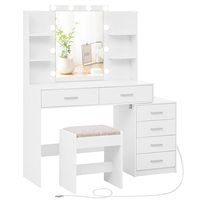 TEENFON Ensemble de coiffeuse moderne en bois de 48 pouces avec tabouret, miroir LED éclairé, 6 tiroirs, 6 étagères, prise de courant, design blanc pour chambre à coucher