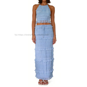Women's Halter Neck 2 Piece Set - Tiered Ruffle Maxi Skirt & <b>Crop</b> <b>Top</b> With Shimmer Detail Fashion - Product Image 5