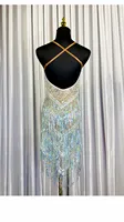 Robe de danse latine pour femmes OEM avec franges en strass irisés, robe de compétition de salsa, robe de scène pour performance de danse