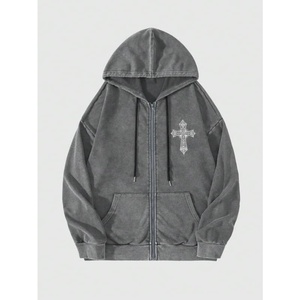 Sudadera con capucha personalizada de doble cremallera, negra, estilo vintage, desgastada, streetwear, lavado ácido, 400GSM, sudaderas con capucha lisas para hombre - Product Image 2