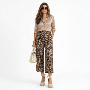 Ensemble 2 pièces pour femmes, chemise en satin à imprimé léopard et pantalon large - Product Image 1