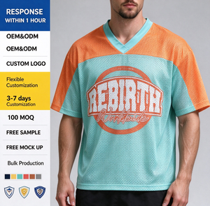 เสื้อยืดโอเวอร์ไซส์แบบสั่งทำพิเศษ พิมพ์ลายสกรีน แห้งเร็ว คอวี แขนสั้นแบบริบ เสื้อเจอร์ซีย์ฟุตบอลตาข่ายเล็กสำหรับผู้ชาย - Product Image 1