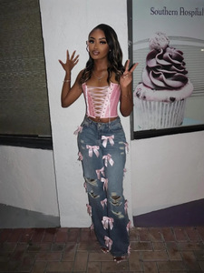 Jeans Lunghi da Donna King Mcgreen Star YK2 Street Tough Girl con Fiocco e Strappi Effetto Lavato - Product Image 3