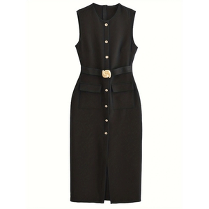 Robes élégantes sans manches à col rond et taille cintrée pour femmes, couleur unie, tendance - Product Image 5