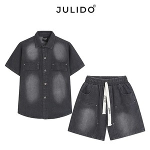 Meilleure vente hommes grande taille sergé Denim ensemble court nouveauté mode bouton deux pièces ensemble respirant coton tricoté - Product Image 3