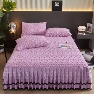 Ensemble de jupe de lit en taffetas épais avec dentelle, pour lit simple, garnissage en polyester, style uni, couleur unie, pour la maison - Product Image 1
