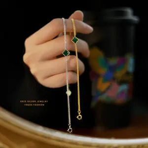 Роскошный 925 браслет из стерлингового серебра Французский позолоченный Изумрудный браслет винтажный камень циркон браслет для женщин