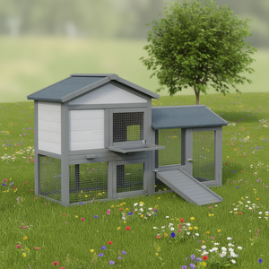 Conejera de madera gris para exteriores con bandeja extraíble, puertas con cerradura y techo de asfalto para cobayas, casa para mascotas. - Product Image 2