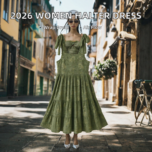 Robe mini sans manches à volants brodée de fleurs vertes, col carré, dos nu, pour les fêtes d'été et les tenues décontractées - Product Image 2