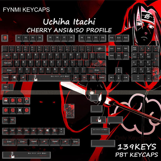 Uchiha Itachi Cherry Keycaps Anime ANSI ISO Layout Keycaps 139 Keys 5 Face Dye Sublimation Keycaps for MX Switch Keyboard