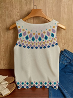 Débardeur en maille ethnique pour femme, été 2026, col en V, sans manches, maille ajourée, 100 % polyester, imprimé géométrique, style bohème