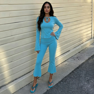 Women's <b>Knit</b> Two Piece <b>Set</b> Tie Front Pleated Cutout Long Sleeve Top Low Rise Flare Pants Breathable Spandex/Polyester Casual - Product Image 1