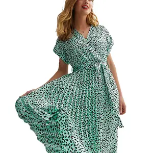 100% poliéster manga curta rolo vestidos casuais para senhoras gordas Green Leopard Print softest cetim plissado Midi envoltório vestido das mulheres