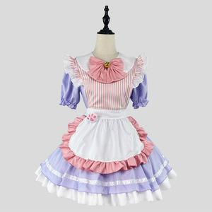 Maid Outfit Cosplay Lolita Costume Women Pink Blue Striped Dress With Bow And Apron Halloween Performance Wear - Product Image 2