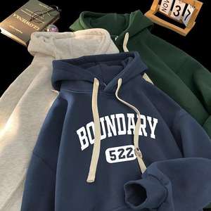 Sweater Hoodie Tebal Lapisan Fleece Pria Musim Gugur 2024 Gaya Amerika Hong Kong, Longgar, Motif Hati, Anti Kusut - Product Image 1