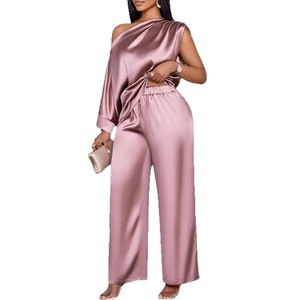 Ensemble décontracté en satin pour femme, style transfrontalier, avec haut à col asymétrique et pantalon, style européen et américain - Product Image 5