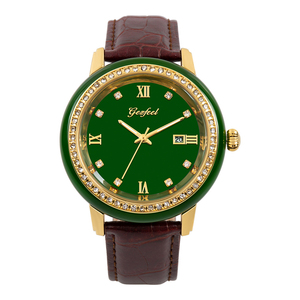 Montre pour femme en jade vert, lunette en cristal, mouvement à quartz Miyota, boîtier en alliage IPG, bracelet en PU, étanche, personnalisable - Product Image 1