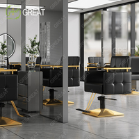 Salon de beauté moderne Mobilier de coiffure Chaise de coiffure en cuir noir Base dorée Chaise de salon de coiffure de luxe pour hommes