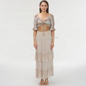 กระโปรงยาวทรงเค้กแต่งระบายจีบแบบซ้อนสำหรับผู้หญิง สีพื้นเรียบง่าย สไตล์ลำลอง - Product Image 6