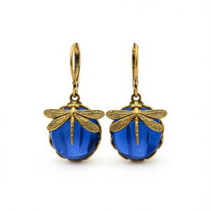 Orecchini pendenti a forma di libellula con gemma blu, placcati oro antico, con montatura a castone, gioielli da festa alla moda da donna E4109 - Product Image 1