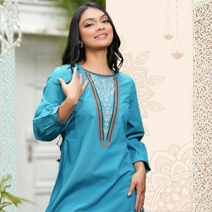 Kurta de Primera Calidad, Transpirable, con Cuello Redondo, Bordado y Detalle de Mangas Fruncidas - Product Image 1