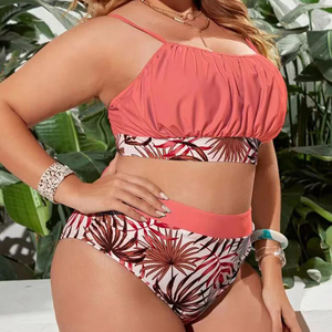 Conjunto de estampado de plantas nuevas de fábrica, <span class=keywords><strong>tirantes</strong></span> plisados en el pecho, cintura alta dividida, <span class=keywords><strong>Bikini</strong></span> de talla grande, traje de baño - Product Image 6