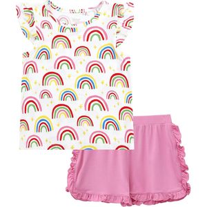 DREAMHALO Conjunto de camiseta sin mangas y pantalones cortos para niñas pequeñas, estampado de arcoíris, conjunto de 2 piezas con volantes rosas, de 2 a 6 años - Product Image 1