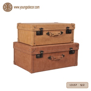 Decorative Suitcase Trunk Vintage Studded Leather <strong>Storage</strong> <strong>Boxes</strong> with Bronze Latches and <strong>Brown</strong> Handles Multi Colored - Product Image 4