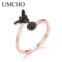 UMCHO Bague ouverte fleur d'abeille de couleur noire Bagues en argent sterling 925 pour femmes