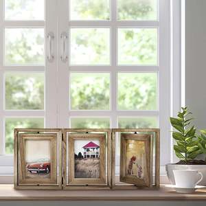 JUNJI 4x6 Rustic Wood Hinged Folding <strong>Triple</strong> Picture Collage Double-Sided Display Rotatable High Definition Glass <strong>Photo</strong> <strong>Frame</strong> - Product Image 5