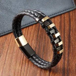 New Arrival Men's Leather Hand Jewelry 3 Layers Natural Real Leather Bracelet Magnetic Clasp Men Bracelet 21cm in Gold & Steel