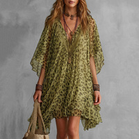 Robes mini à manches chauve-souris, demi-manches, asymétriques, couleur contrastée, avec volants léopard, transparentes, col en V profond