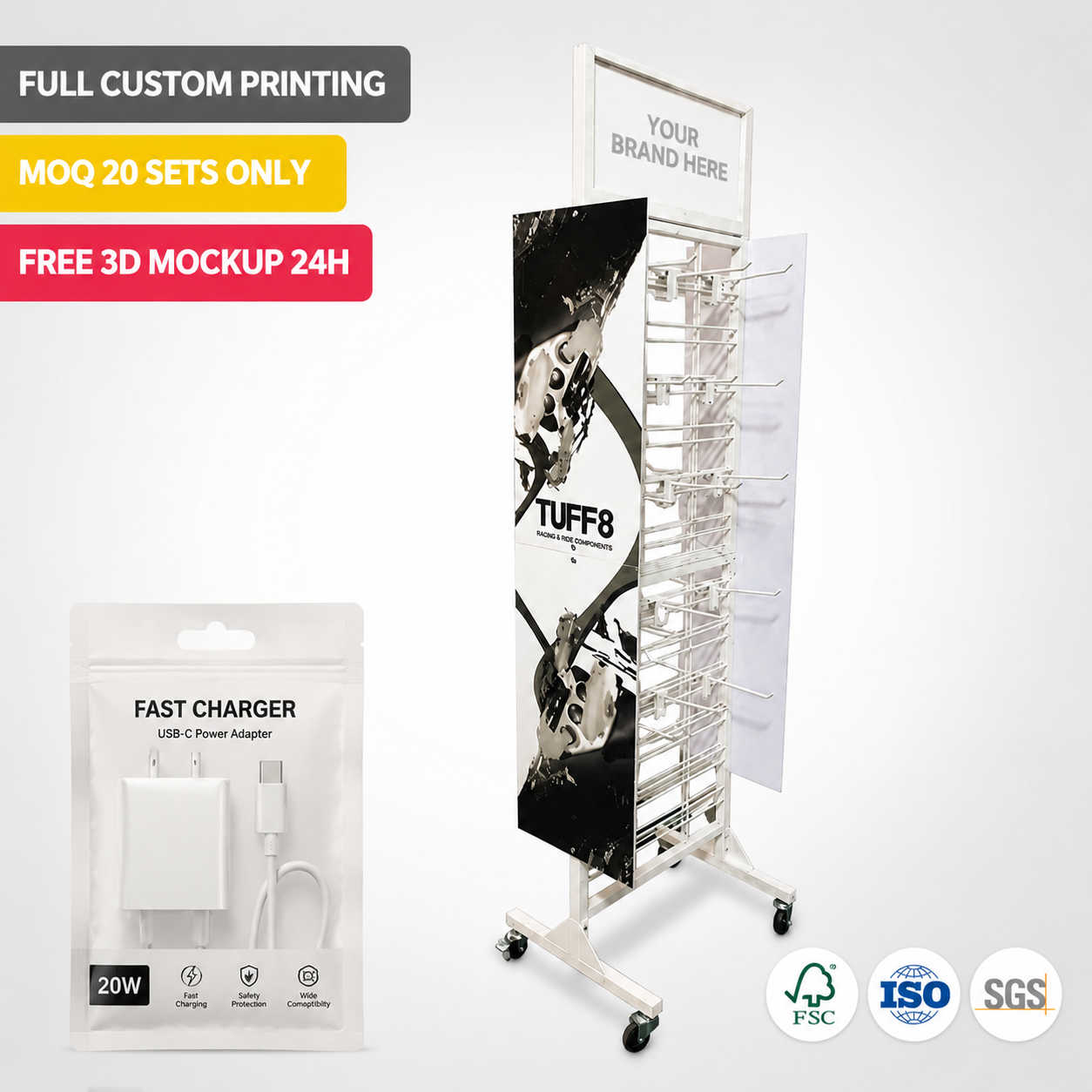 Custom Metal Mobile Phone Accessory Display Rack Floor Standing USB Cable Charger Stand Retail Fixture Gondola Gadget POS Rack — view 1