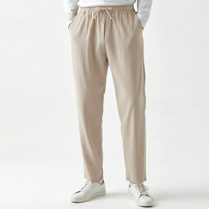 <b>Men</b> Navy Blue Cotton Oxford Casual Pants Elastic Waist Drawstring Straight Fit Lightweight Summer Trousers - Product Image 5