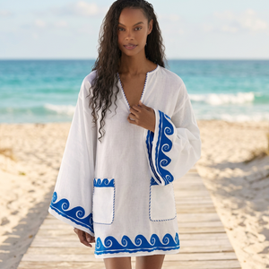 Vestido Mini Boho de Lino con Cuello en V, Bolsillos Bordados Azules, Corte Holgado, Manga Larga, Ropa Casual de Verano - Product Image 1