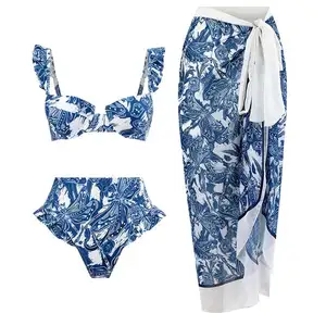 Phụ nữ cao eo phía trước Tie tắm phù hợp với hoa Spaghetti dây đeo Bikini Bộ đồ bơi