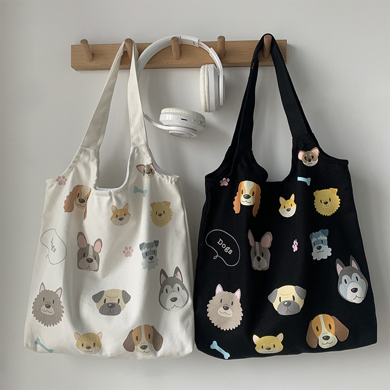 Sac Fourre-tout En Toile Motif Chien Floral - Réutilisable, Léger, Lavable - Bandoulière