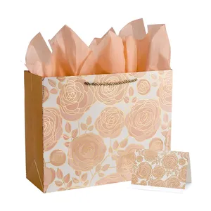 Bolsa de regalo grande de oro rosa de diseño personalizado con tarjeta y papel de seda