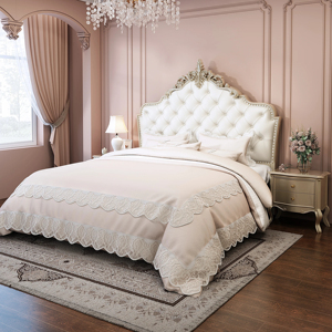 Luxury French Modern Carved Tufted Leather Upholstered <b>Bed</b> <b>Frame</b> King Size Bedroom Furniture Durable Villa - Product Image 1