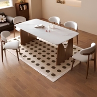 Ensemble table et chaises de salle à manger en bois massif rétro, plateau en pierre de quartz, design rectangulaire moderne minimaliste vintage de style français