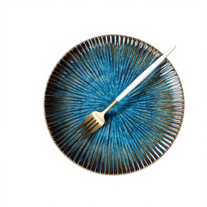 Plato de Cena Cuadrado de Cerámica Negro Mate con Rayas Azules 2025 Cellar Change, Apto para Microondas, <span class=keywords><strong>Vajilla</strong></span> de Estilo Occidental para Fiestas - Product Image 1