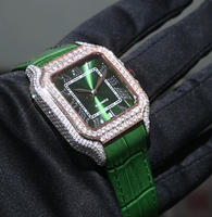 Montre mécanique de luxe pour homme, style Santo, avec boîtier et lunette carrés modifiés 3A Aftermarket, entièrement sertis de moissanite, cadran transparent coloré