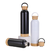 Bouteille isotherme en acier inoxydable 304 sans BPA de 500 ml/17 oz avec couvercle et base en bambou, et poignée intégrée
