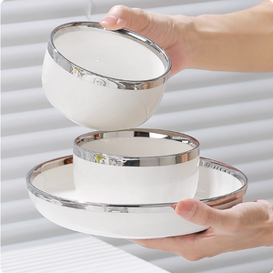 Phong cách Bắc Âu bóng tráng men phương Tây sứ Bộ đồ ăn thiết lập hộ gia đình ánh sáng sang trọng bạc-gọng phẳng tấm cá Platter Ice Bowl - Product Image 3