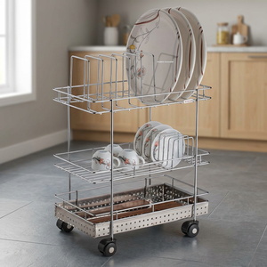 Estante Metálico de 3 Niveles con Ruedas para Platos, Organizador de Cocina con Escurridor, Estante Desmontable de Pie - Product Image 1