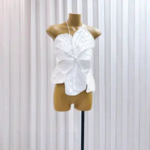 Summer Sexy Women Big Flower Backless Top with Pearls Halter Chic Vest Crop Tops