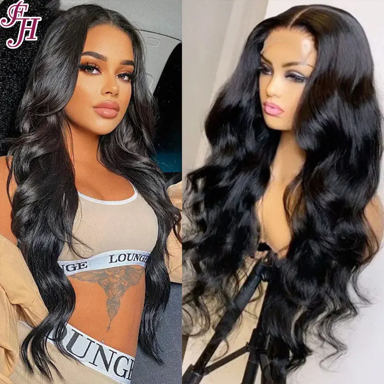 FH wigs manufacturing natural black pre plucke lace frontal glue less wear and go human hair wigs
