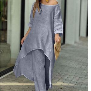 Ensemble deux pièces décontracté en coton et lin pour femme Nuo, pantalon large à manches longues et coupe irrégulière, motif uni numérique au dos - Product Image 1