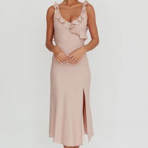 Robe d'été ajustée personnalisée, luxueuse et élégante, coupe trapèze décontractée, col en V, de haute qualité, avec fente et bords plissés, longueur midi - Product Image 2